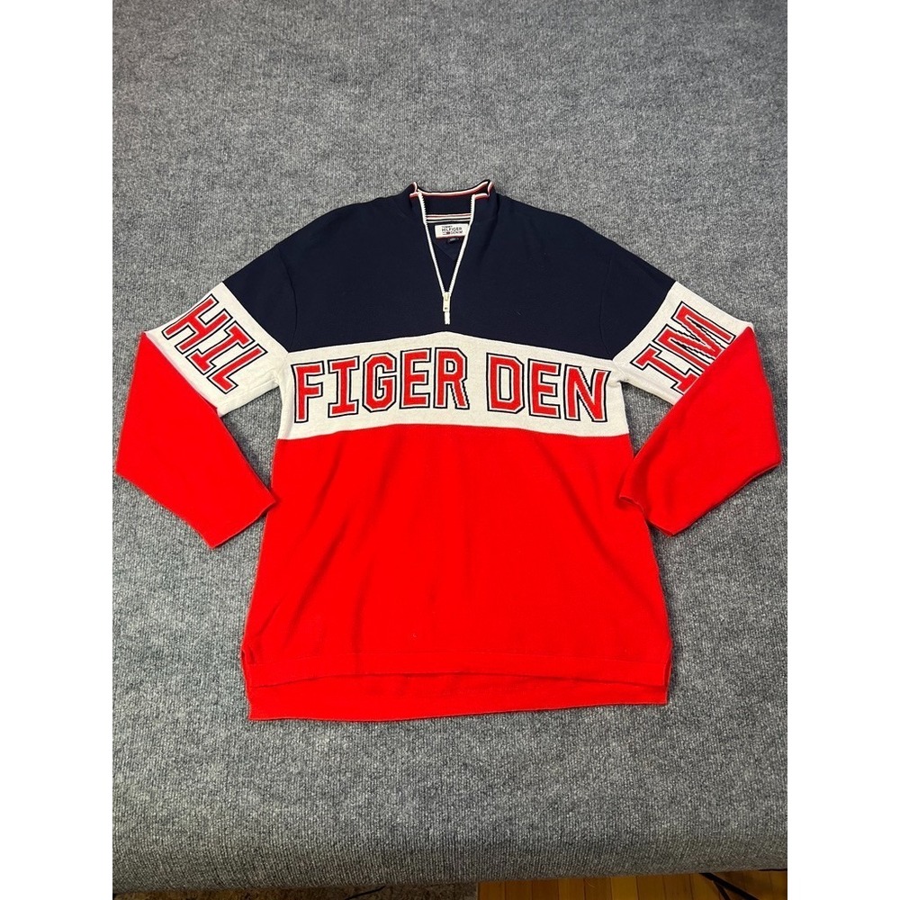Tommy‎ Hilfiger Men's XS Quarter Zip Colorblock Logo Sweater Y2K Retro Spellout